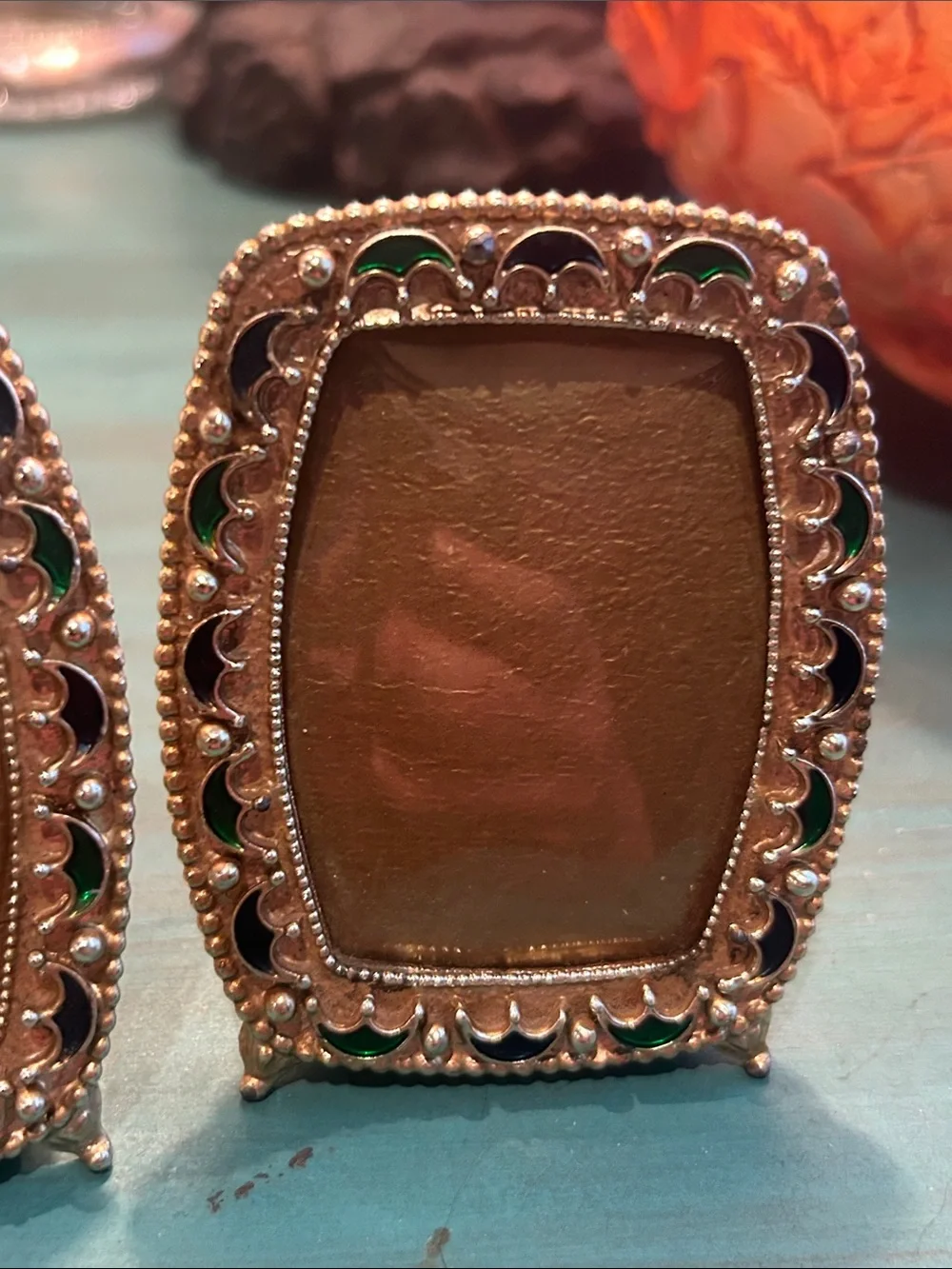 Vintage Ornate Gold Tone Mini Picture Frames with Green/Navy Enamel Accents